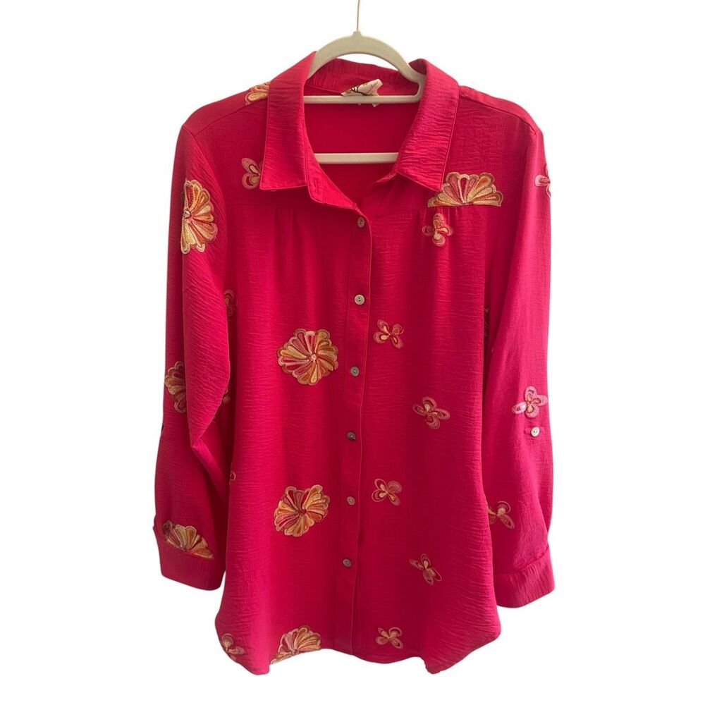 Fig & Flower Pink Embroidered Floral Tunic Top Women’s Sz Large Button Up Boho